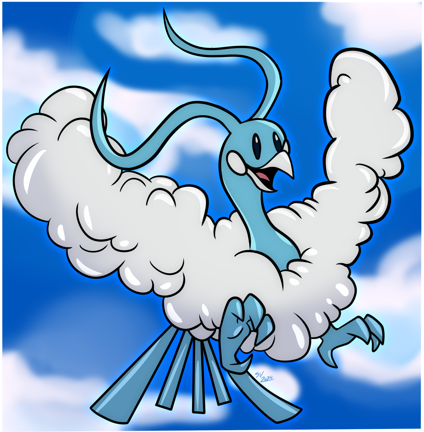 Art of Altaria looking happy in the clouds.