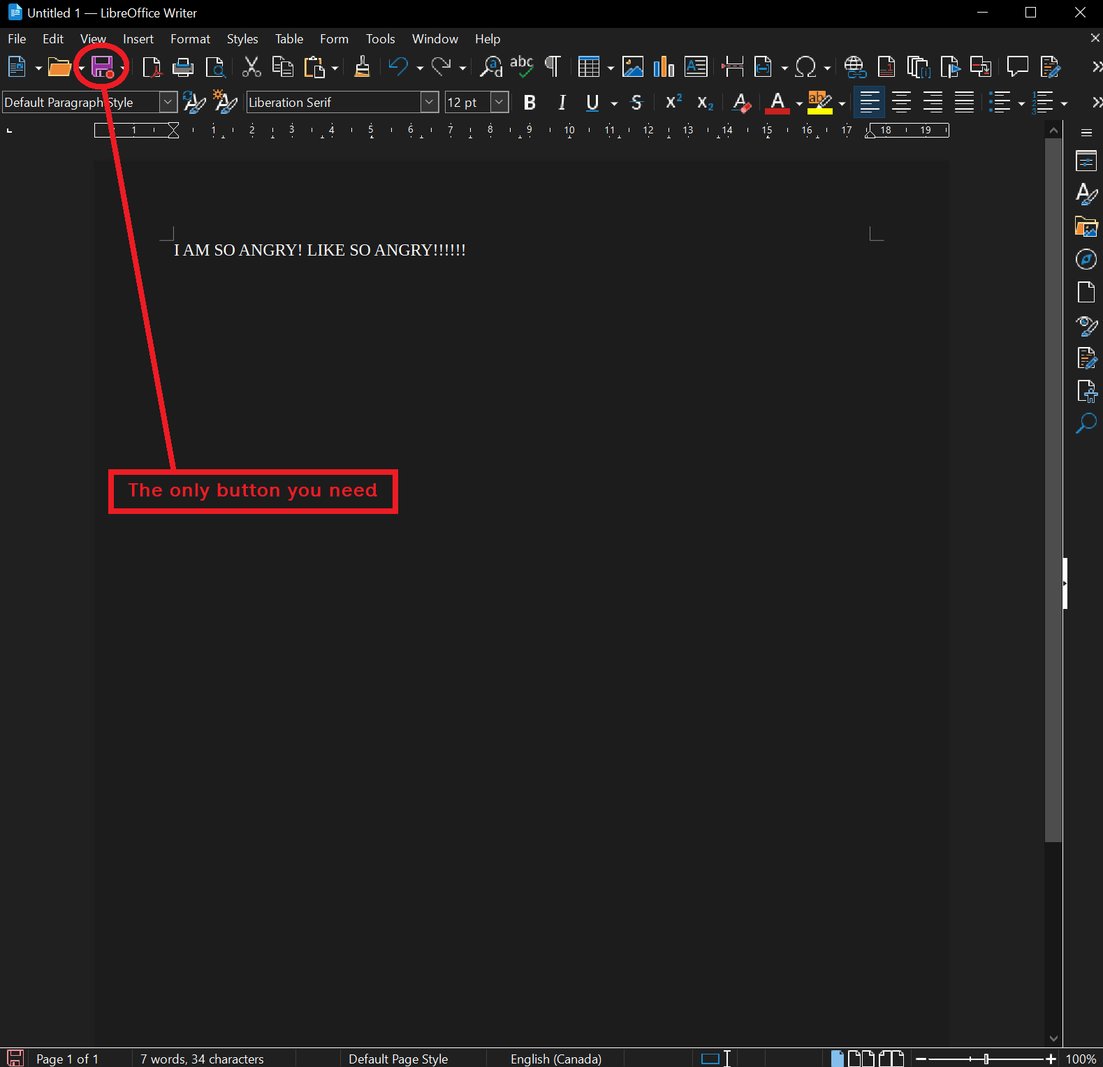 A screenshot of libreoffice, showing you the Save button as the only button you need.