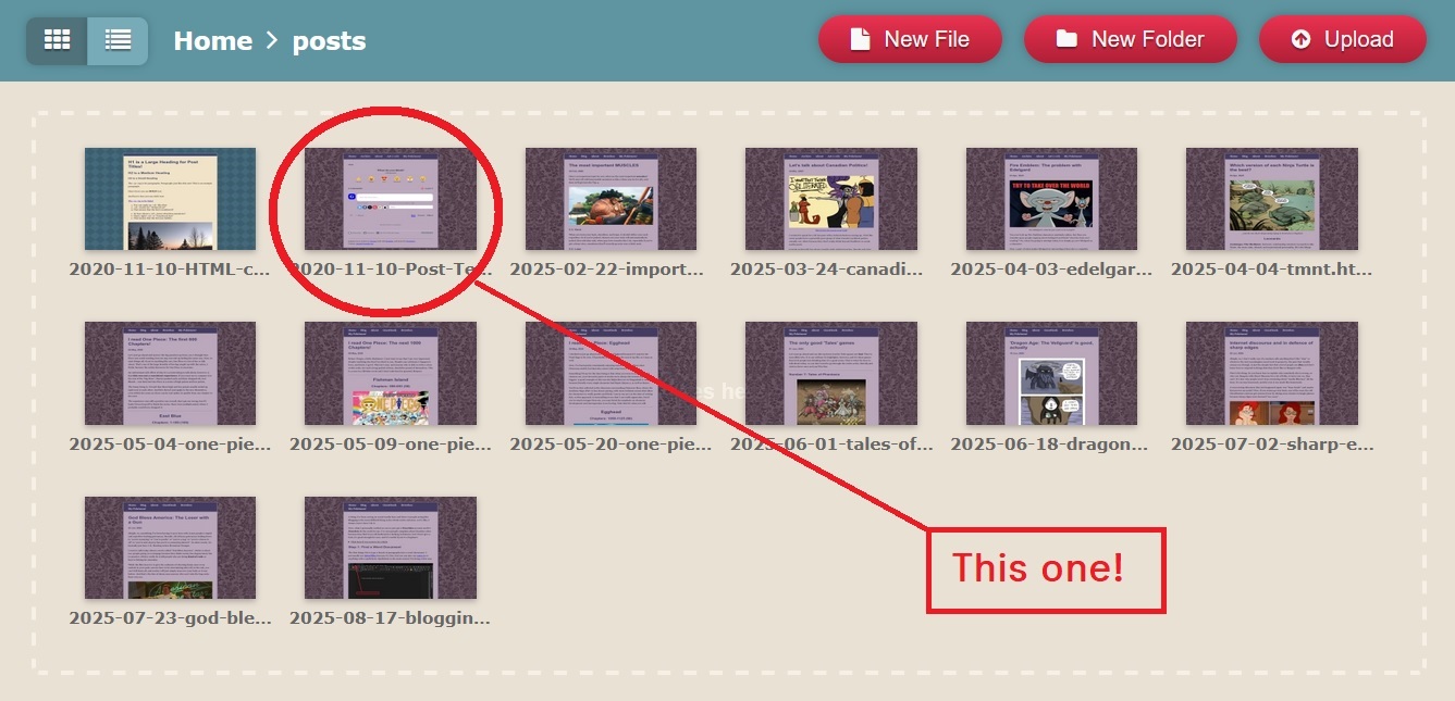 A screenshot of Neocities, showing you where the post template is located.