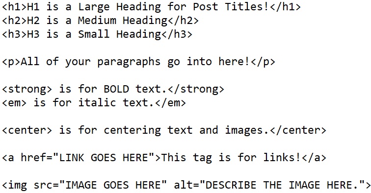 A screenshot of Notepad, showing you the only tags that I tend to use.