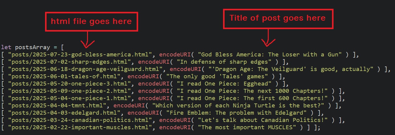 A screenshot from inside the script file, showing you there the html file goes, and there the title of the post also goes.