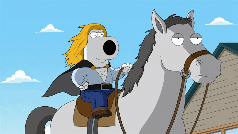 Brian Griffin riding as a prince on a white horse.