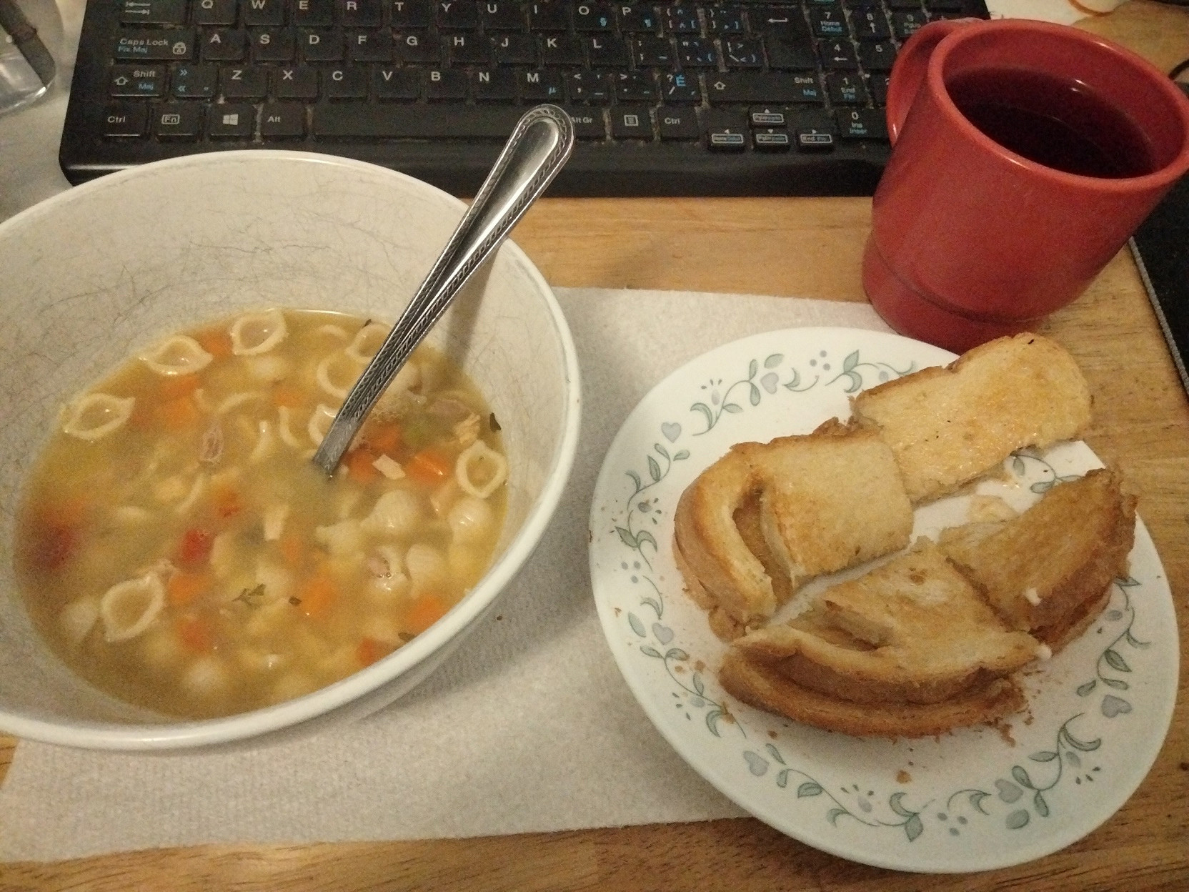 Chicken Noodle Soup, Toast, and some Apple Juice.