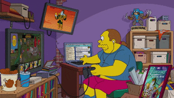 Comic Book Guy browsing the internet, watching television, and playing video games all at the same time.