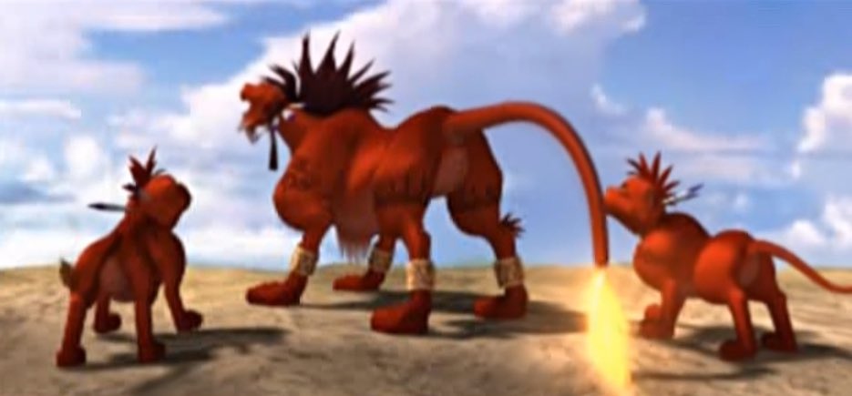 Final Fantasy 7's ending featuring Red 13 having survived and with his own children.