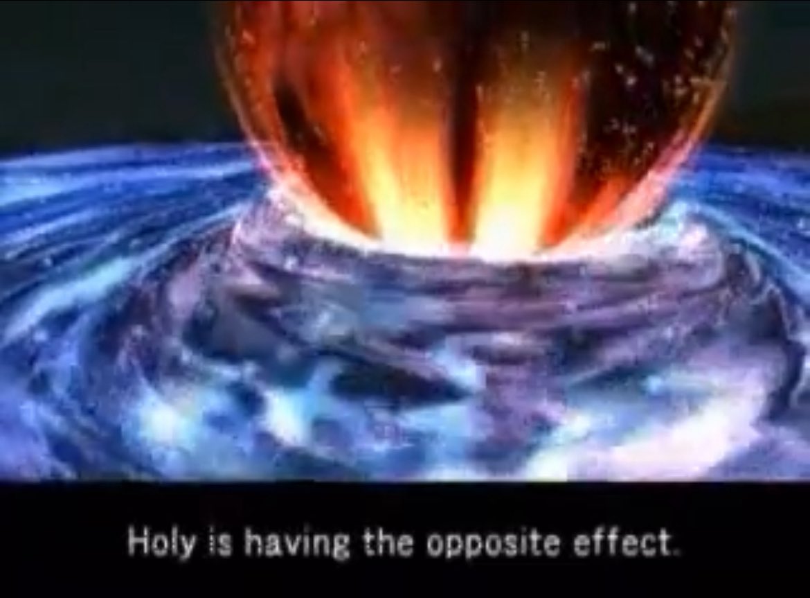 Screenshot of the Holy spell destroying the planet. It says Holy is having the opposite effect.