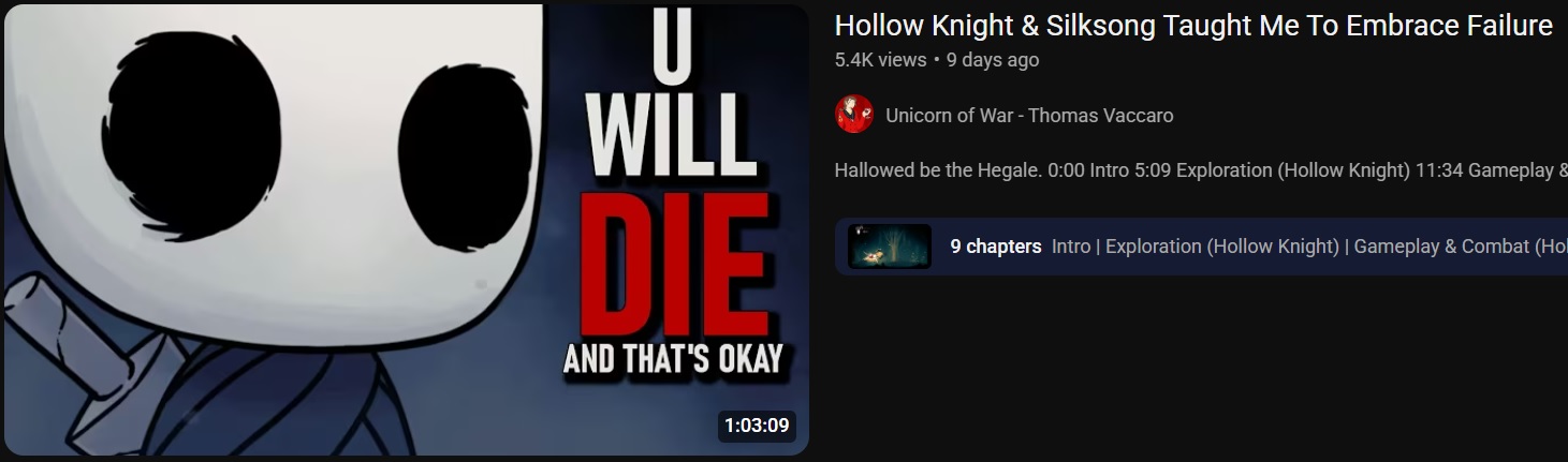 YouTube thumbnail. Hollow Knight and Silksong taught me to embrace failure.