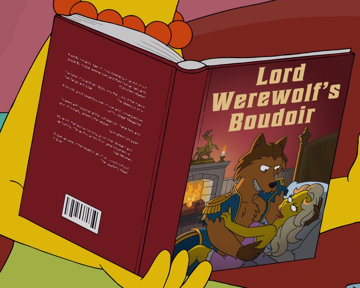 Marge Simpson reading Lord Werewolf's Boudoir, about a lady having sex with a werewolf guy.