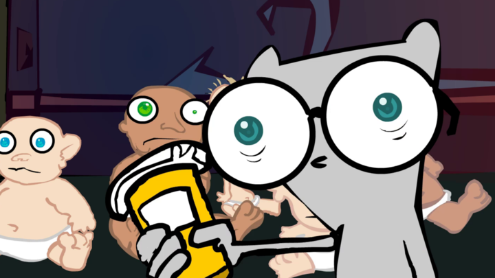 Pilz-e the Squirrel from the illwillpress flash animated series, holding a medicine container. There's babies behind him.