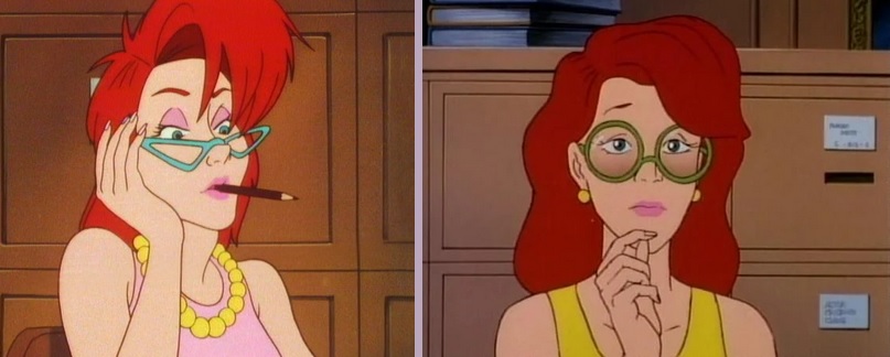 The secratary from the 1980’s Ghostbusters cartoon. On the left is the version with her triangle glasses. The right is the one that was replaced to have her wear round glasses instead.