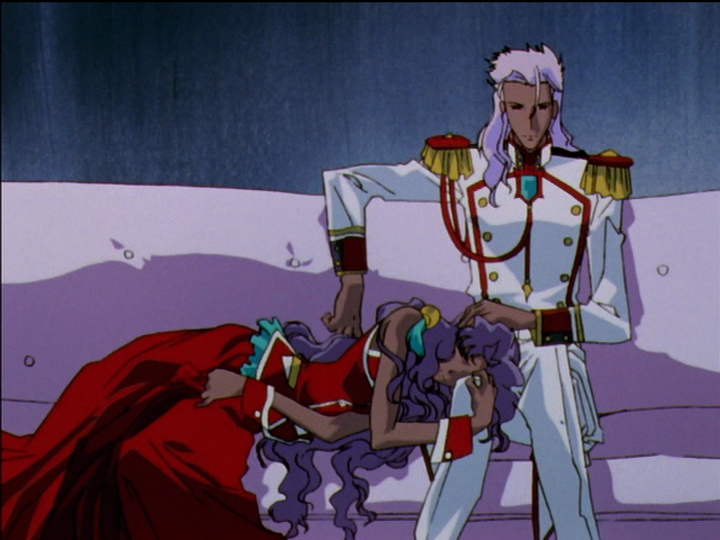 Anthy resting her head on Akio's legs.