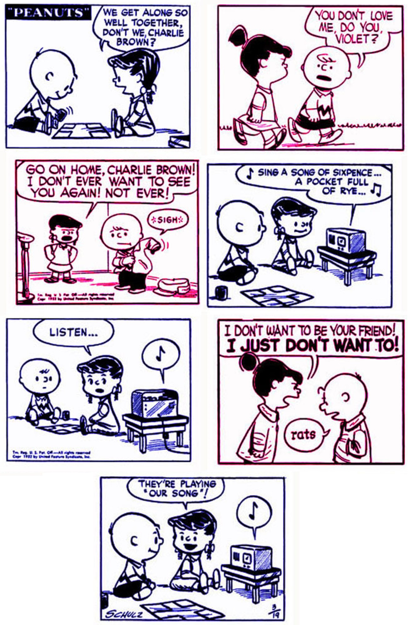 Peanuts comics complilation of Violet and Charlie Brown and their relationship deteriorating.