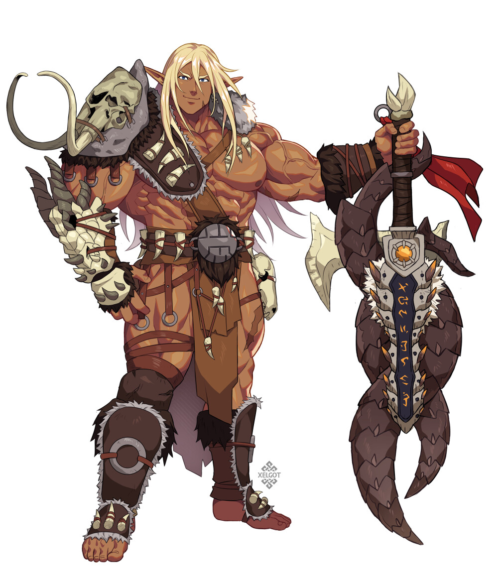 Muscular male elf with a sword.